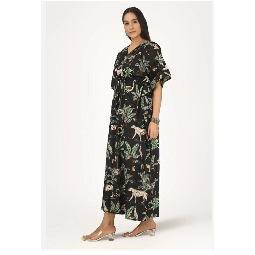 Just Darving Jungly Kaftan Dress Navy Exotic Animal Print & Palm Leaves - One Si